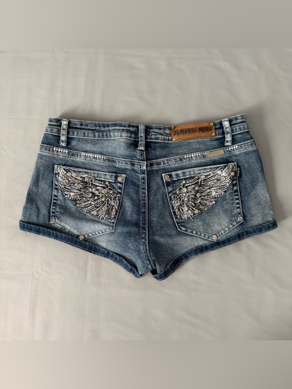 Platinum Plush Y2K Shorts Mini Denim Sz L Bling Angel Wings Whimsy Biker Grunge